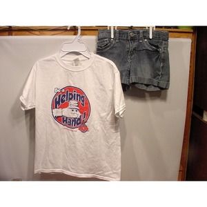 GIRLS CLOTHES - GILDAN Helping Hand Shirt and Jordache Shot Denim Shorts - SIZE